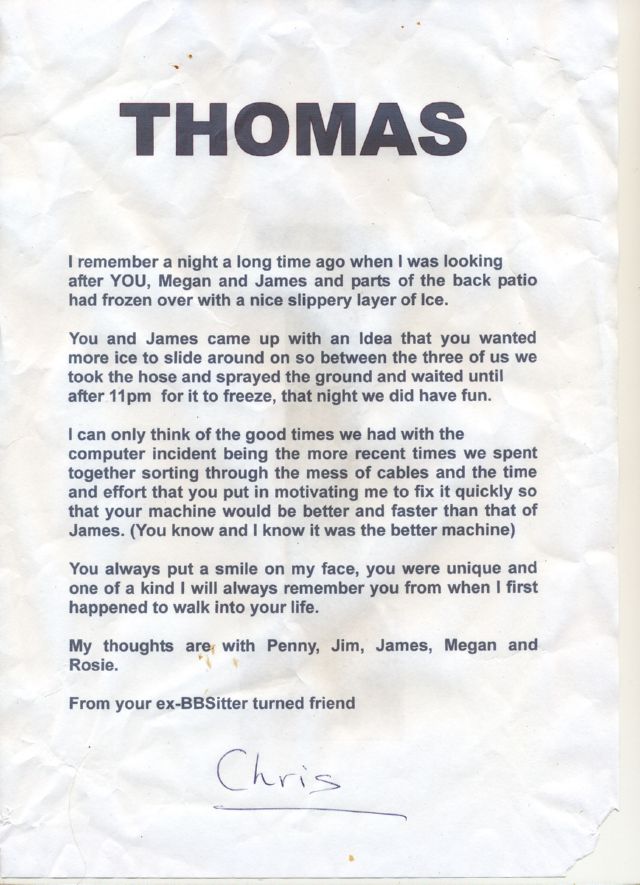 Message left at the scene of Thomas's murder.